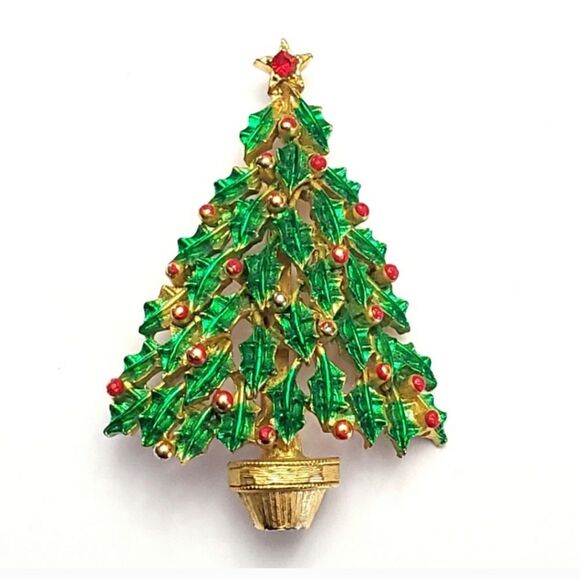 VINTAGE JJ JONETTE SIGNED Holly Leaf Christmas Tree Brooch Pin Collectible - Picture 1 of 8